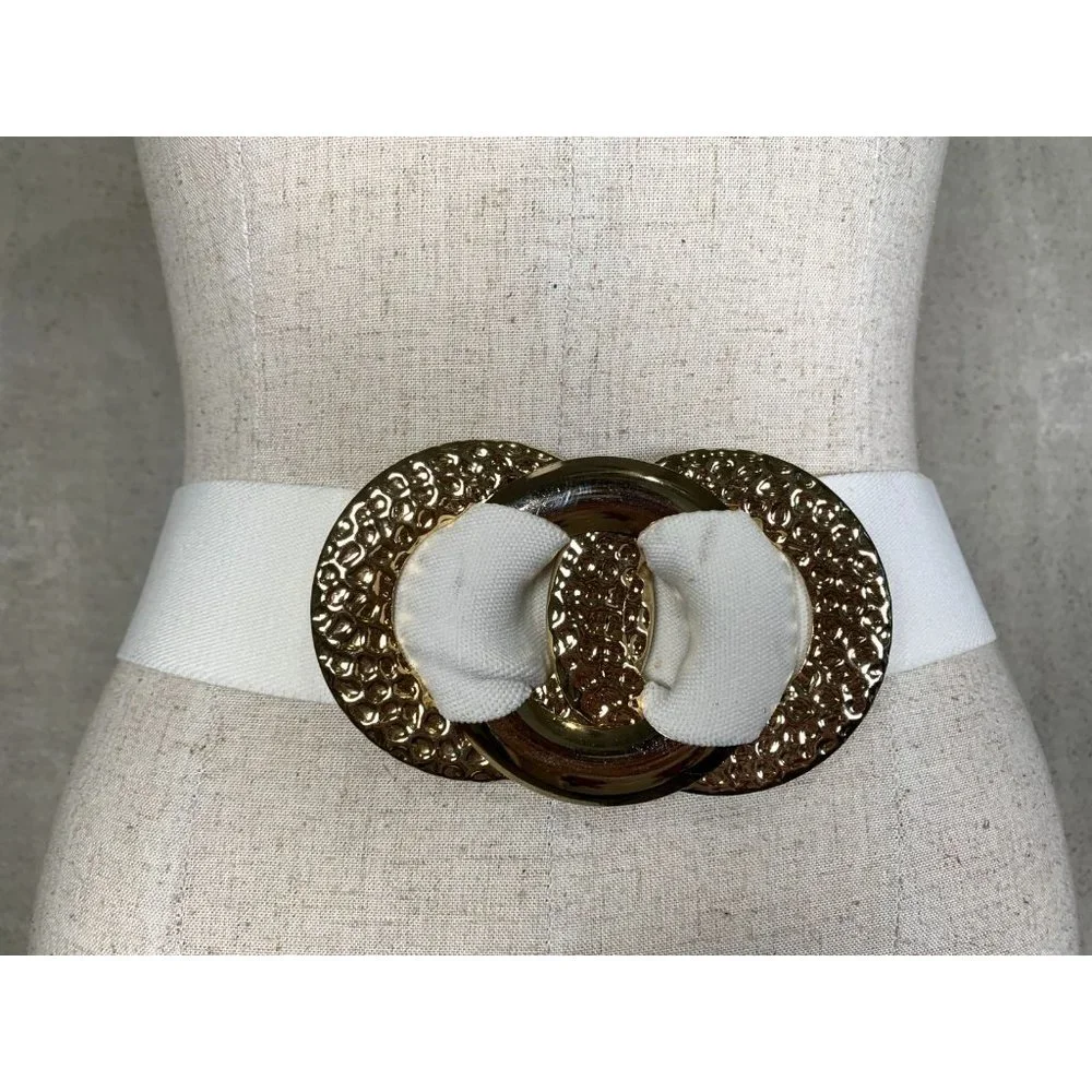 Vintage Statement Belt Womens Gold Accent White Elastic Waist 90s‎ Retro Wide